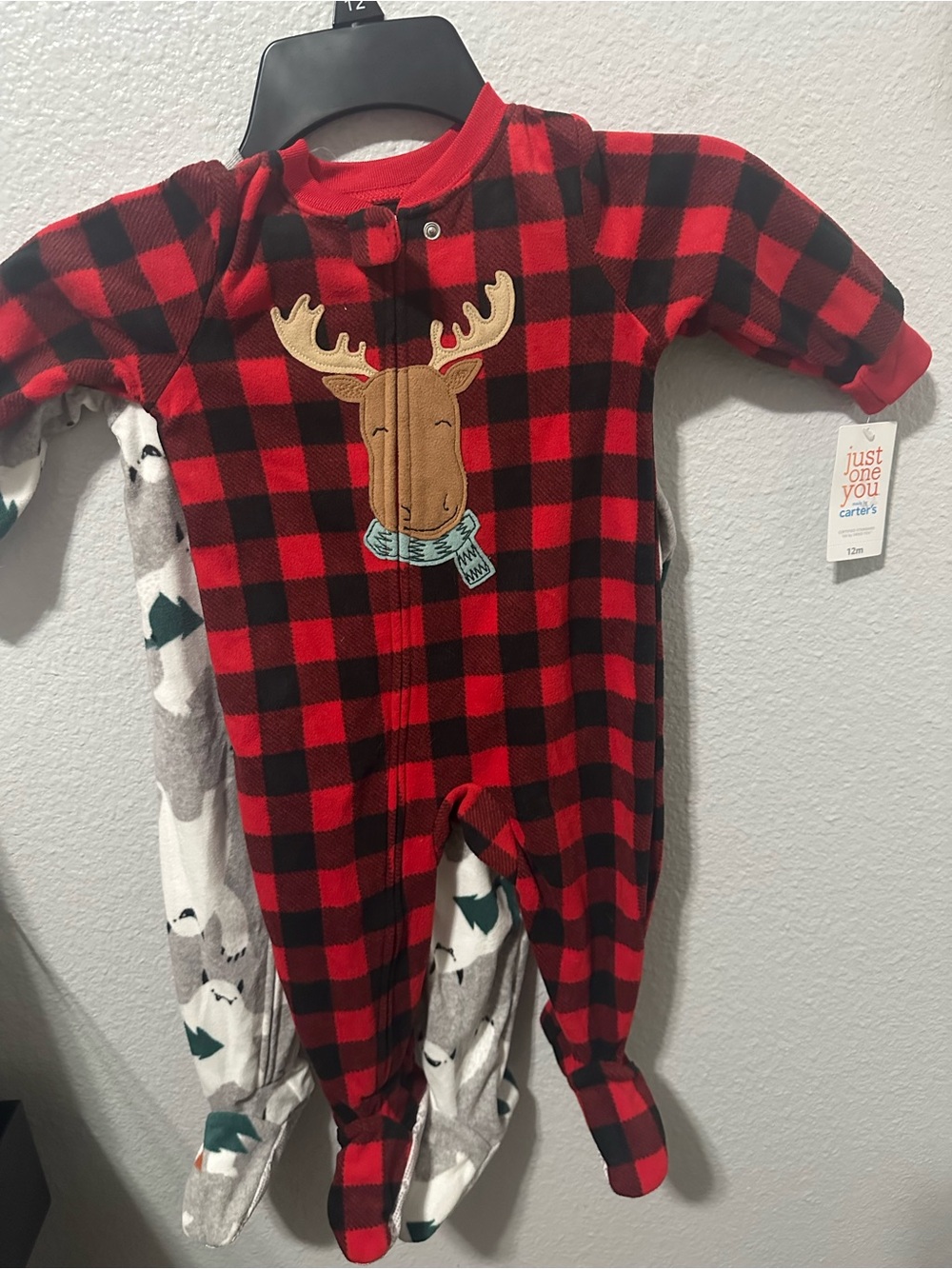 Carter's Red and Black Buffalo Plaid Moose Footed One-Piece